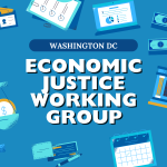 DC Economic Justice Working group graphic. Color scheme is light and medium blues, with a background of symbols that relate to economic justice: money, equal scales, and a public building.