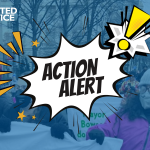 Action alert graphic featuring a background of JUFJers and our partners protesting in DC