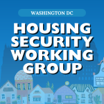 DC Housing Security Working Group Graphic, featuring a lot of colorful house graphics and a skyline of DC in the background.
