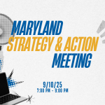 Graphic of Maryland Strategy and Action meeting with megaphone, laptop, and speech bubble graphics.