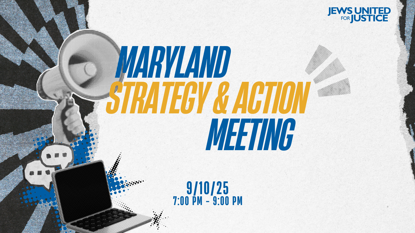 Graphic of Maryland Strategy and Action meeting with megaphone, laptop, and speech bubble graphics.