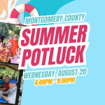 Summer Potluck event graphic ft. photos of smiling JUFJers and a beach motif