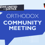 Orthodox Community Meeting graphic: dark blue centered speech blurb with sharp edges that says "orthodox community meeting" and a Baltimore oriole perching on the speech bubble. Baltimore skyline graphic outline in light blues is in the background.