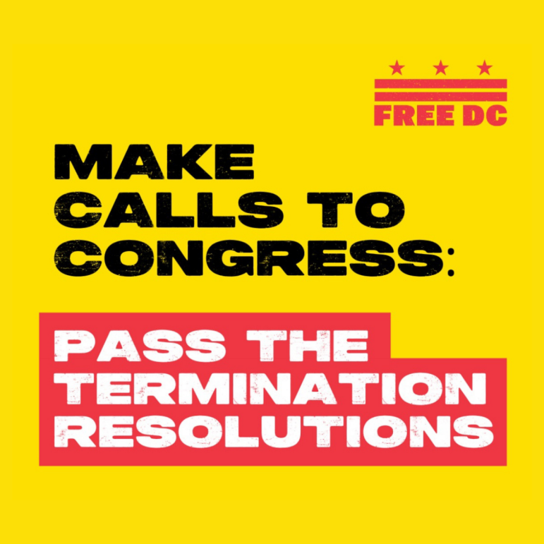 4 Giant yellow graphic that says: "Make Calls to Congress" in black letters and then "Pass the Termination Resolutions" in white letters with a thick red border