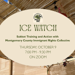 ICE Watch training on Thursday, October 9 at 7 PM on Zoom with a photo of a sukkah in the background