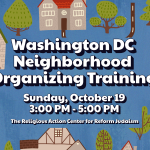 Neighborhood organizing training graphic. Blue background with houses and tree graphics!