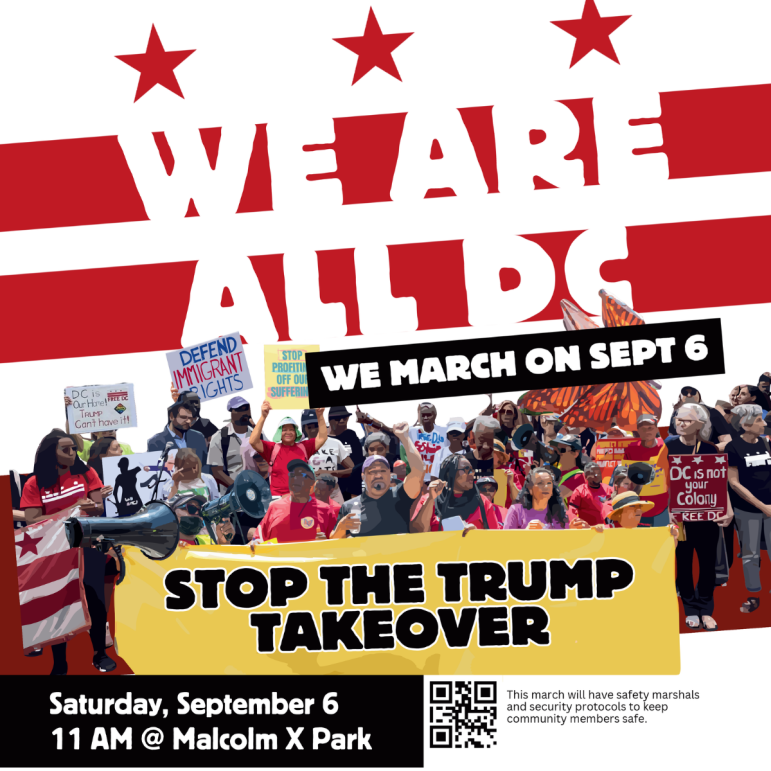 social-graphic-of-we-are-all-dc-shabbat-service-graphic-3 We are all DC graphic featuring pixelated protestors in the foreground, "we are all DC" in the background (letters are in both stripes of the DC flag). "Stop the Trump Takeover" is on the foreground.