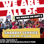 We are all DC graphic featuring pixelated protestors in the foreground, "we are all DC" in the background (letters are in both stripes of the DC flag). "Stop the Trump Takeover" is on the foreground.