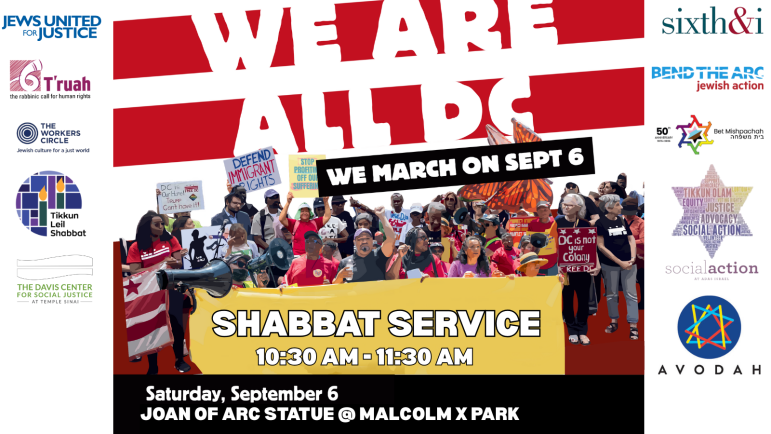 We are all DC graphic featuring pixelated protestors in the foreground, 