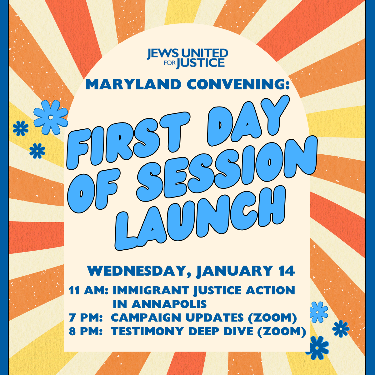 First Day of Session Launch graphic with sunburst design